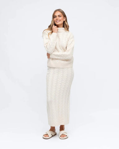 Cable Knit Midi Skirt Cream