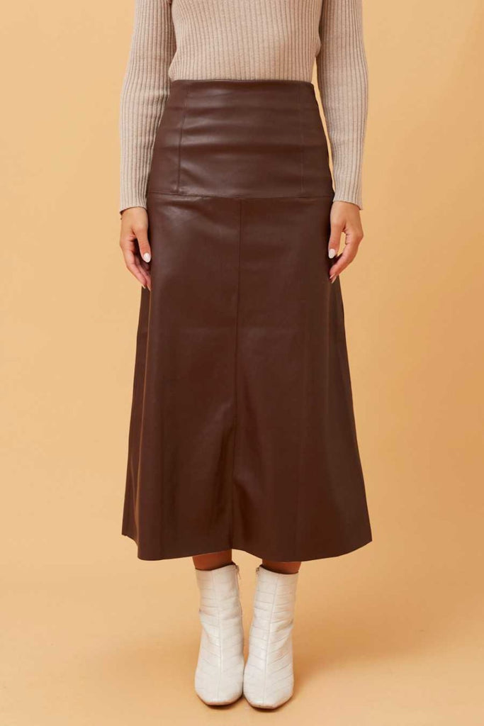 Faux Leather Midi Skirt Chocolate